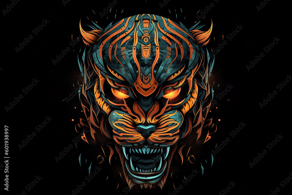 Image of cyberpunk tiger mask with colorful patterns on black ...