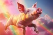 Pig flying in the sky with a rainbow in the background. The pig has a colorful mane and is wearing a crown. The image is bright and colorful, with a sense of whimsy and fantasy.