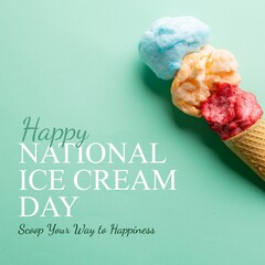 Poster - Composition of national ice cream day text over ice cream on green background