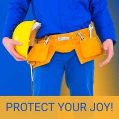 Poster - Composition of health and safety text over caucasian man holding safety helmet