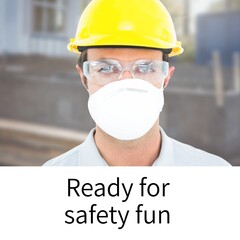 Sticker - Composition of health and safety text over caucasian man in face mask and safety helmet