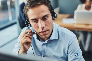 Aufkleber - Businessman, call center and consulting with headphones in customer support, service or telemarketing at office. Man employee consultant or agent talking on PC for online advice or help in contact us