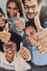 Aufkleber - Business people, hands and thumbs up above for winning, success or teamwork at the office. Top view of employee group showing hand or thumb emoji, yes sign or like in team win, victory or good job