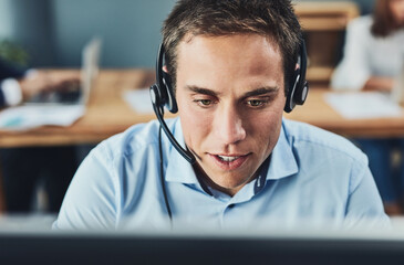 Aufkleber - Businessman, call center and consulting with headphones on computer in customer service, support or telemarketing at office. Man consultant agent talking on PC for online advice or help in contact us