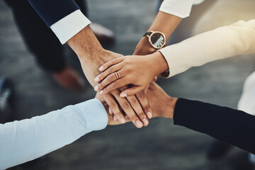 Poster - Hands together, business people and solidarity with top view, support and team huddle with collaboration. Group of employees working in office, teamwork and mission with workforce and hand stack