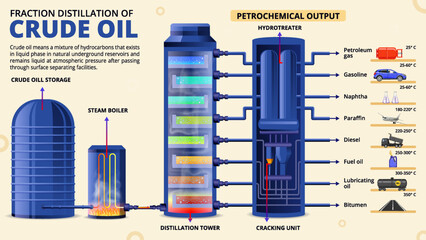 Refining Crude Oil The Process of Fractional Distillation vector infographics design