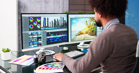 Wall Mural - African American Video Editor Tech Job