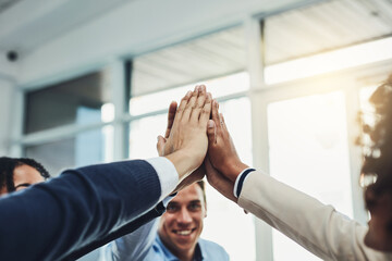 Poster - Hands together, high five and team, business people with support and achievement, deal and success in collaboration. Group of employee, winning in meeting and teamwork with community and mission
