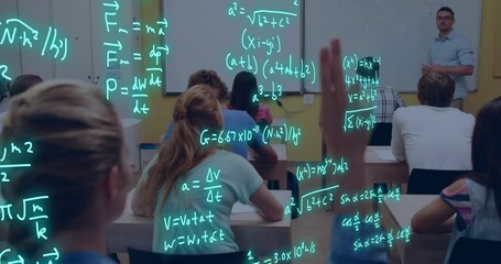 Wall Mural - Animation of equations and data processing over diverse students