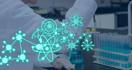Poster - Animation of scientific data processing over caucasian female student in laboratory