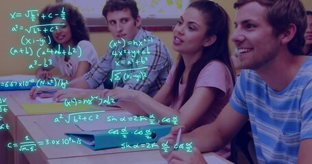 Wall Mural - Animation of equations and data processing over diverse students