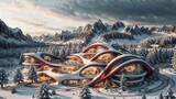 Fototapeta Las - Landscape of a sci-fi futuristic architecture style village in a winter wonderland, surrounded by lush pine vegetation and mountainous terrain, at dusk  - Generative AI Illustration