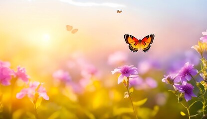 Wall Mural - Butterflies in pastel field of flowers with sunlights from Generative AI