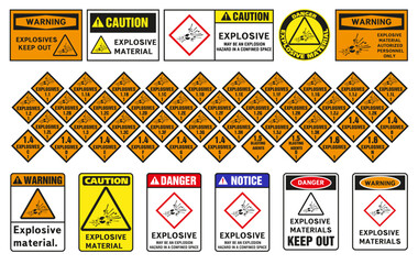 Explosives warning sign, warning symbol. Class 1 warning label.