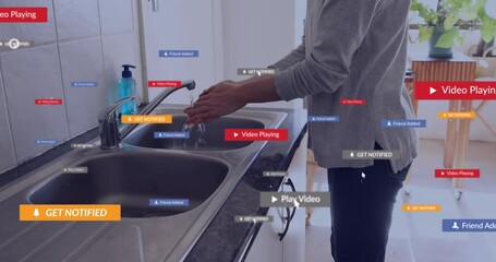 Poster - Animation of social media icons with texts over caucasian woman washing hands