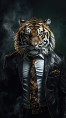 Wall Mural - Fierce tiger in suit and tie - studio portrait created using generative AI tools