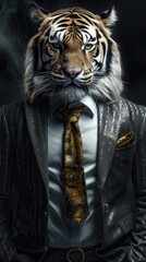 Wall Mural - Fierce tiger in suit and tie - studio portrait created using generative AI tools