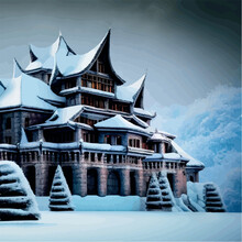 Fantasy Background With Mysterious Medieval Castle In Snowy Hills. Vector Illustration