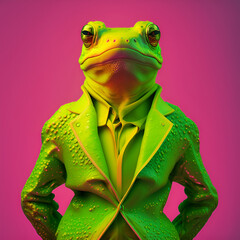 Realistic lifelike frog toad in fluorescent electric highlighters ultra-bright neon outfits, commercial, editorial advertisement, surreal surrealism. 80s Era comeback. 