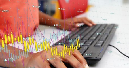 Poster - Animation of data processing against mid section of a boy using computer at school