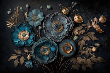 Wall Mural - Subtly textured blue and gold painted flowers dark moody background. Generative AI AIG15.