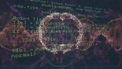 Poster - Animation of data processing over spinning human brain icon and purple digital waves