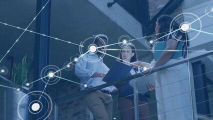 Poster - Animation of network of connections against diverse colleagues discussing over documents at office