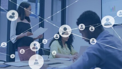 Poster - Animation of network of profiles over diverse colleagues discussing in meeting room at office
