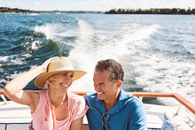 Ocean, Happy Couple And On A Boat For Retirement Travel, Summer Freedom And Holiday In Bali. Smile, Love And A Senior Man And Woman On A Yacht For Vacation Adventure, Luxury And A Cruise Date