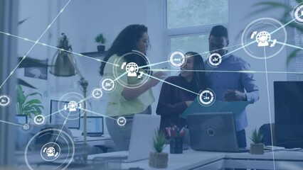 Poster - Animation of network of digital icons over diverse colleagues high fiving each other at office