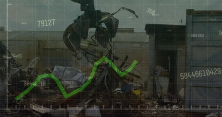 Poster - Animation of statistical data processing against hydraulic lifting machine operating at junkyard