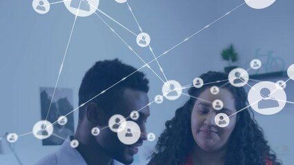 Poster - Animation of network of digital icons against diverse man and woman discussing at office