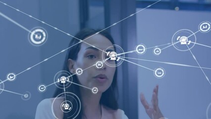 Poster - Animation of network of digital icons against biracial woman talking at office