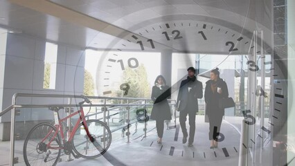 Poster - Animation of ticking clock against diverse group of people drinking coffee and walking together