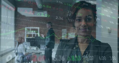 Poster - Animation of stock market data processing against african american businesswoman smiling at office
