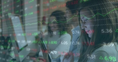 Poster - Animation of stock market data processing over caucasian woman using digital tablet at office
