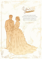 Wall Mural - Wedding banner, poster, cover, invitation or greeting card template with hand drawn couple and golden elements on marble background. Vector illustration of bride and groom