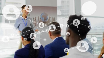 Poster - Animation of network of profile icons over asian man talking on podium at business conference