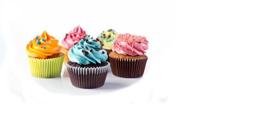 Wall Mural - assortment of cupcakes isolated on white and copy space, generative ai