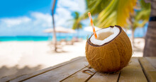 Tropical Fresh Coconut Cocktail With Straw On White Beach With Blue Ocean And Palm Trees On The Background, Tropical,Holiday,resort Concept