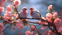 A Couple Of Romantic Birds On A Branch. Love Concept. Generative AI