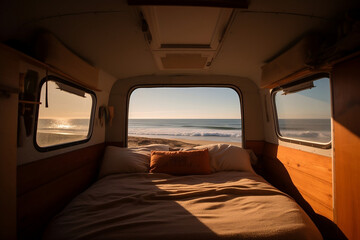 Wall Mural - Sunny beautiful morning view on ocean beach from bed on motor home caravan camping car RV. Spending time travelling in recreation vehicle, sustainable freedom nature concept. Generative AI Technology