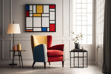 Modern Colorful Living Room With Red Blue Yellow And White Squares And Rectangles Wall Art, Generative Ai