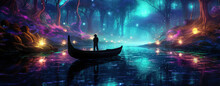 Banner Of A Glowing Fantasy River With A Man Standing In A Boat, Generative AI