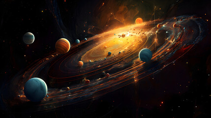 Rendering of a solar system with planets, a detailed matte painting, space art, redshift, sci-fi