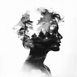 Double exposure inspired nature photography of people mixed with mountains and trees