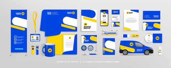 Wall Mural - Brand Identity concept of stationery Mock-Up set with blue and yellow abstract design. Branding stationery mockup template of vertical banner, flyer, promotional car, A4 brochure, etc. Editable vector