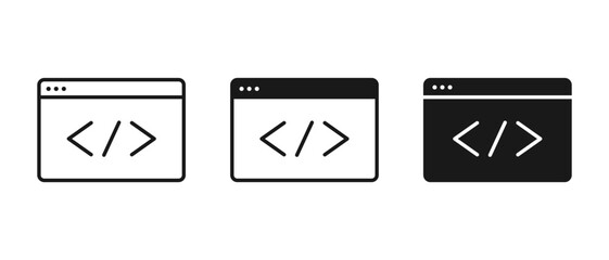 Source code vector icon. Outline file coding script sign. App programming window illustration