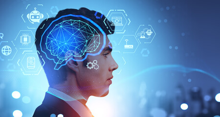 Poster - Young man in city, AI interface