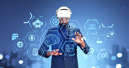 Poster - African businessman in vr glasses, future technologies with AI icons